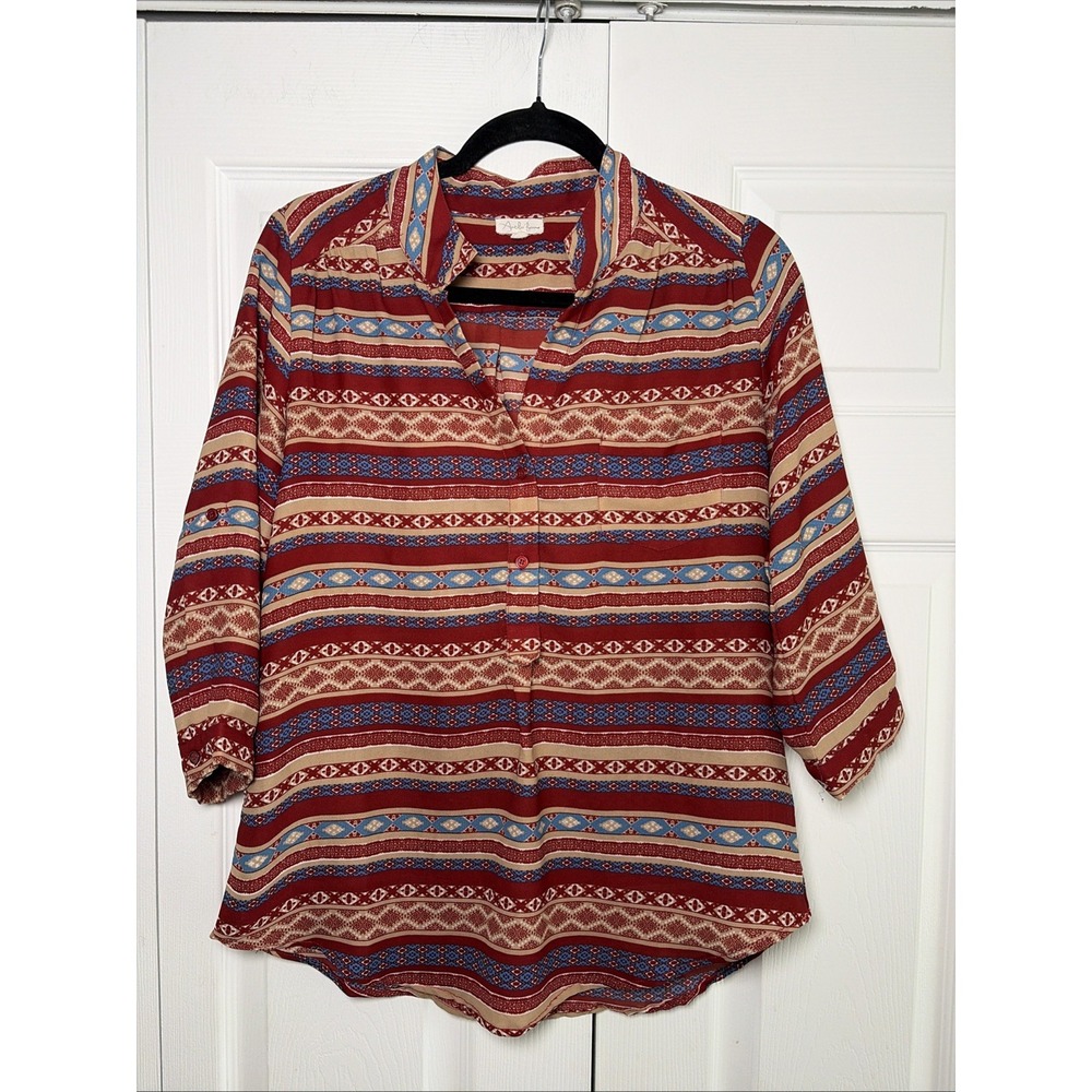 Antilia Femme Boho Geometricโ Print Blouse Womens Size S Red Blue Tribal Top